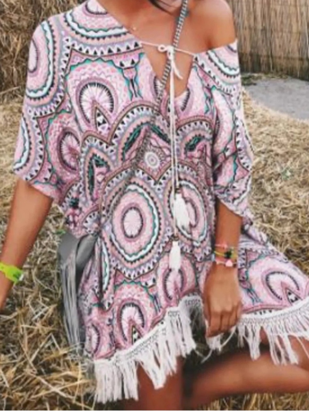 Forever 21 Boho Pink Paisley Fringe Tunic Dress